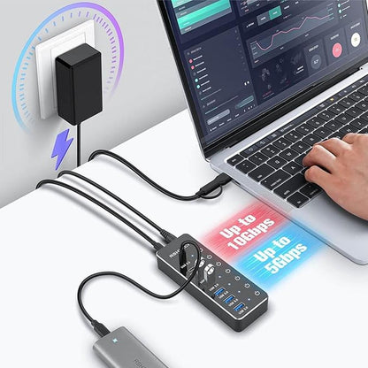 RSHTECH 7-Port Powered USB 3.2/USB C Hub with 10Gbps USB-A – In Use