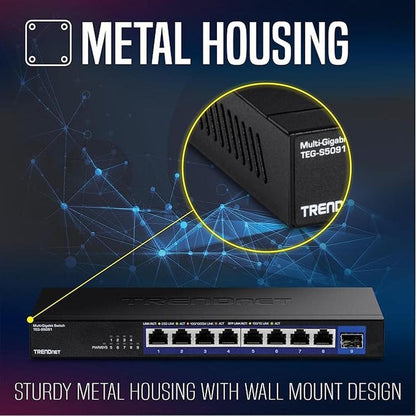 TRENDnet 9-Port Unmanaged 2.5G Switch with 10G SFP+ Port – Side View