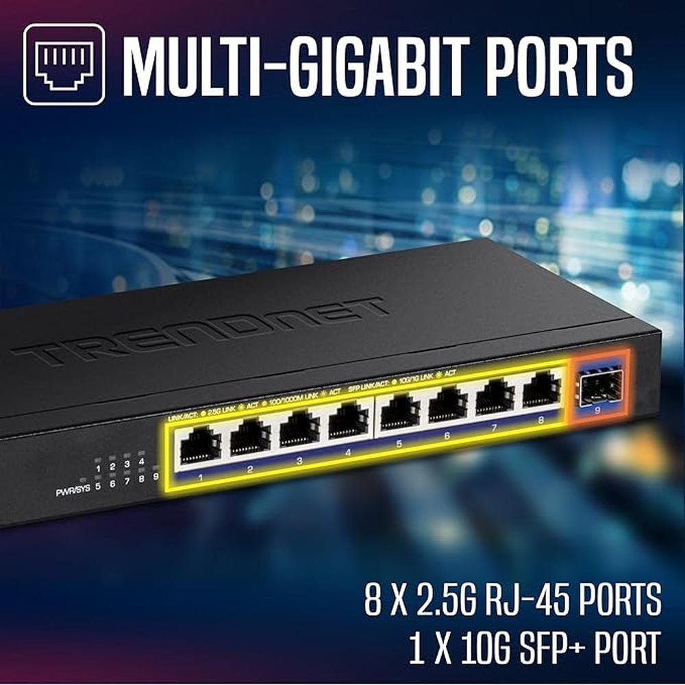 TRENDnet 9-Port Unmanaged 2.5G Switch with 10G SFP+ Port – Close-up Detail