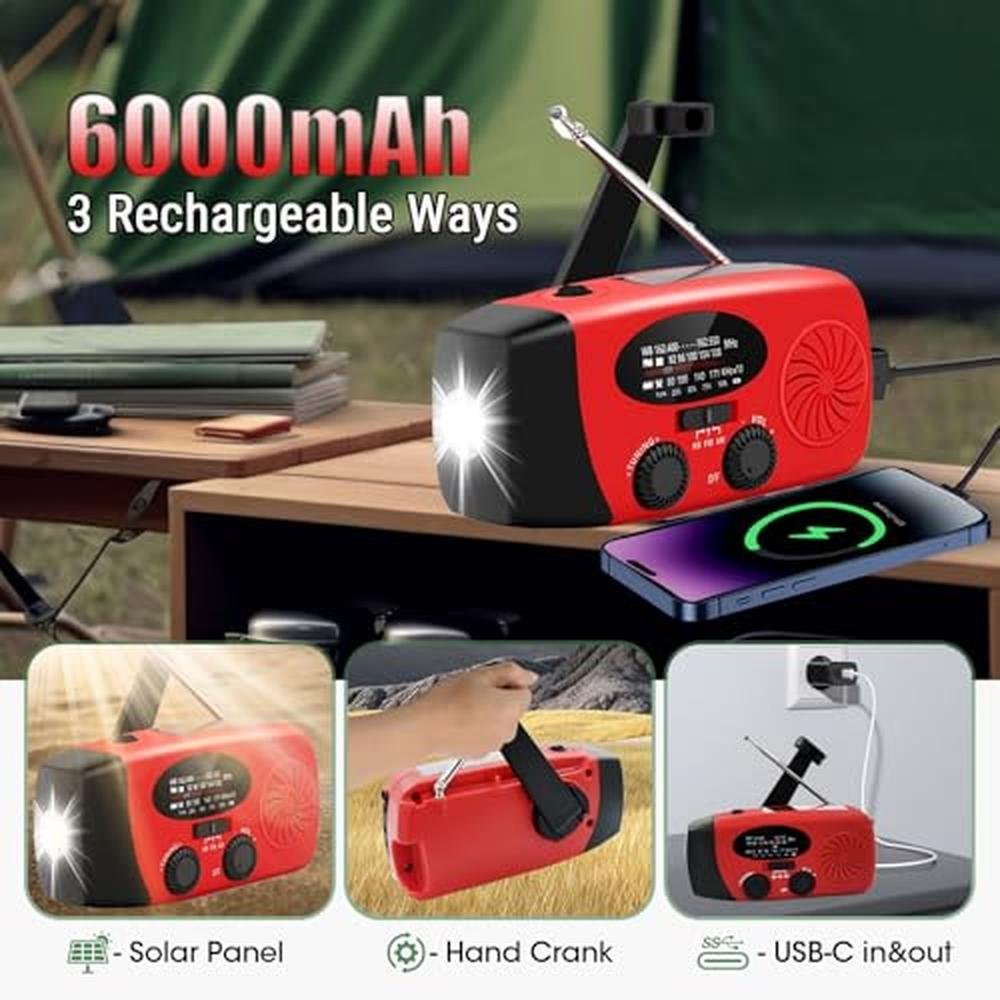 Emergency Radio: 6000mAh Hand Crank Solar Powered Radio – Side View