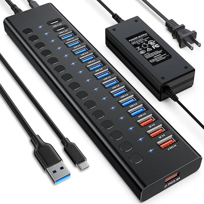 Powered USB 3.0 Hub: 16-Port USB C Hub Splitter (10 USB – Front View