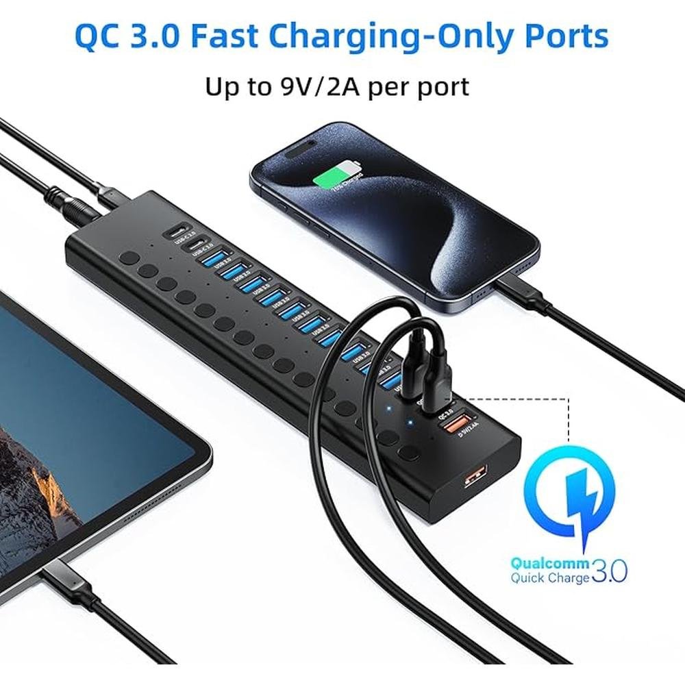 Powered USB 3.0 Hub: 16-Port USB C Hub Splitter (10 USB – In Use