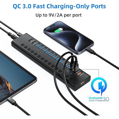 Powered USB 3.0 Hub: 16-Port USB C Hub Splitter (10 USB – In Use