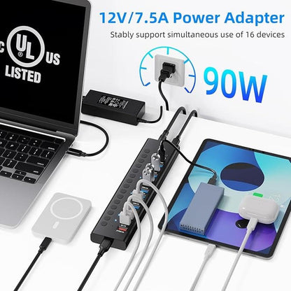 Powered USB 3.0 Hub: 16-Port USB C Hub Splitter (10 USB – Packaging