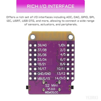 ESP32 YEJMKJ: YEJMKJ 10pcs ESP32 S2 Mini V1.0.0 WiFi Board – Close-up Detail