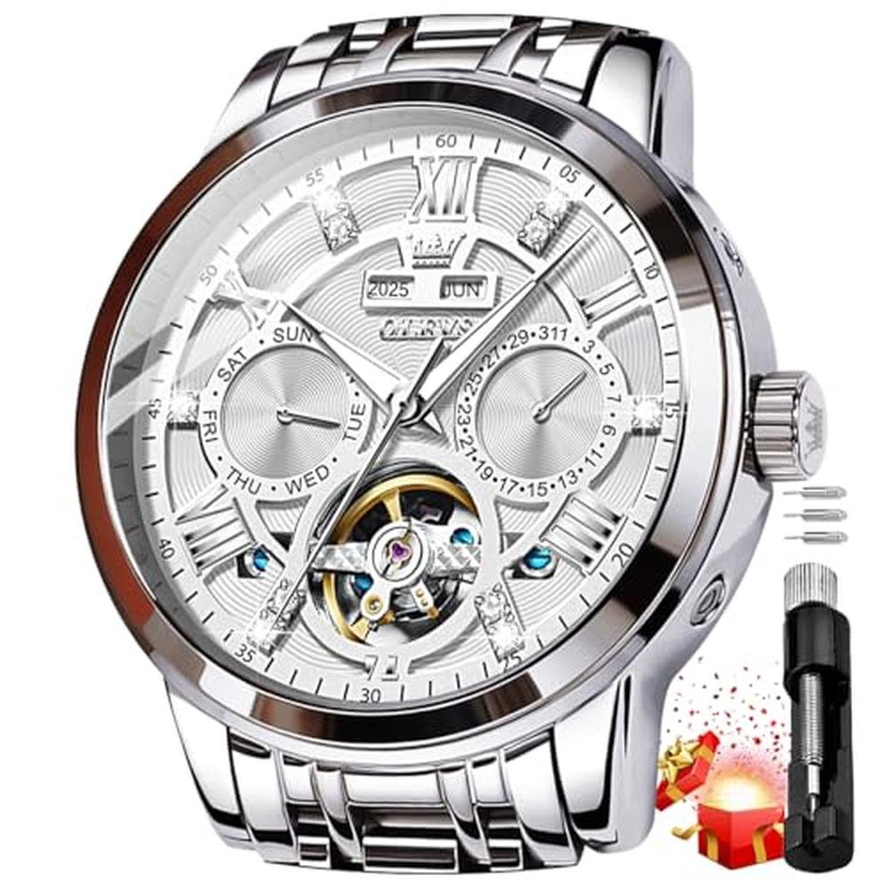 OLEVS Silver Watch for Men Automatic Mechanical Business – Front View