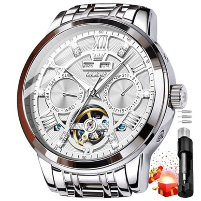 OLEVS Silver Watch for Men Automatic Mechanical Business – Front View