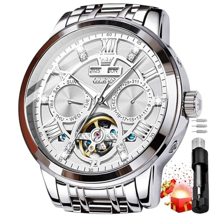OLEVS Silver Watch for Men Automatic Mechanical Business – Front View