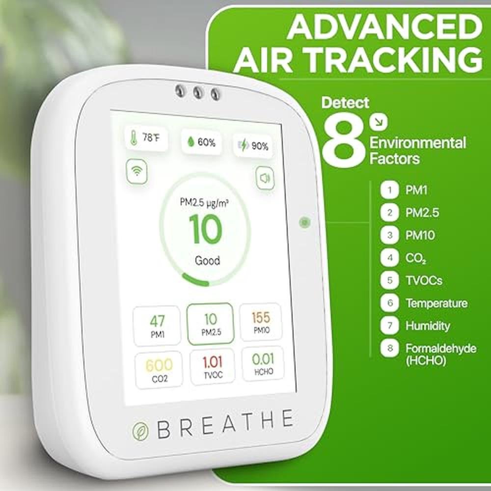BREATHE Airmonitor Plus: Smart Air Quality Monitor Indoor – Side View