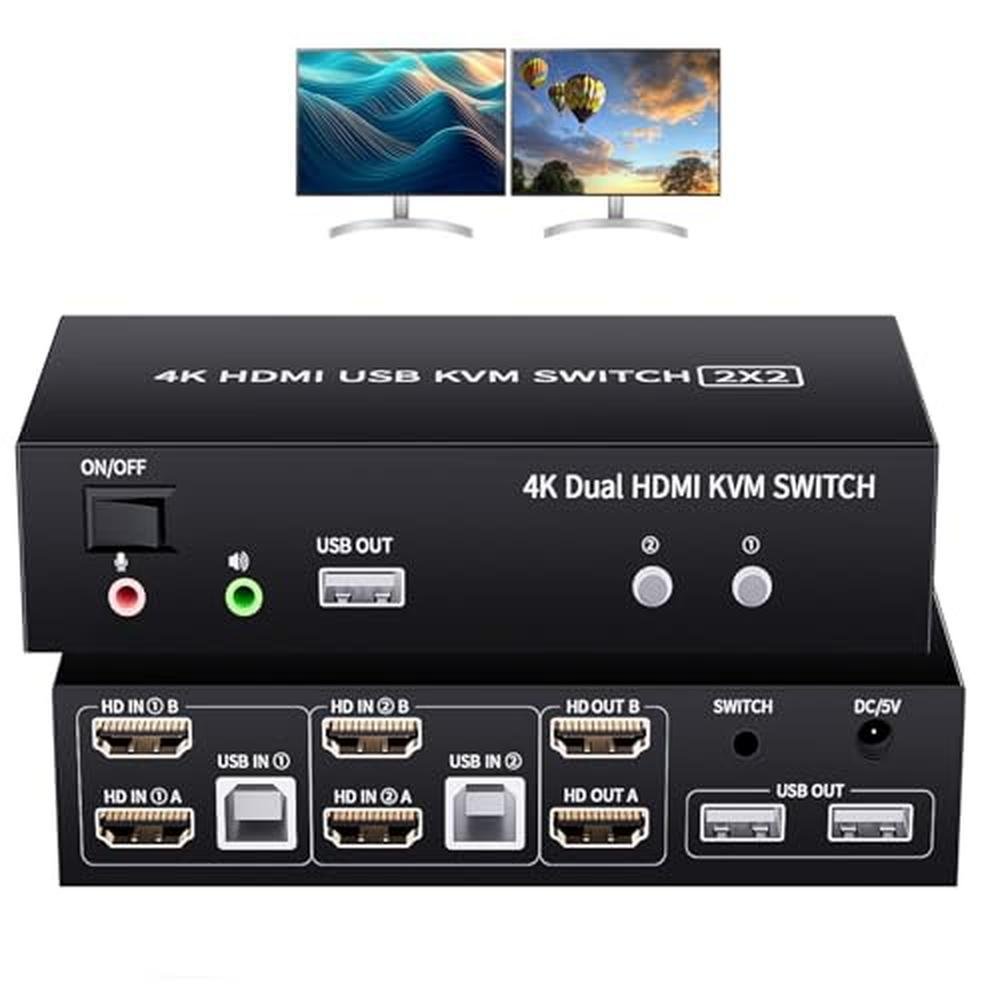 KVM Ports: LUKFOCAB 2 Ports Dual Monitor KVM Switch 4K@60Hz – Front View