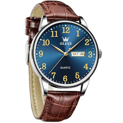 Leather Mens Watches: OLEVS Brown Leather Band Blue Face – Front View