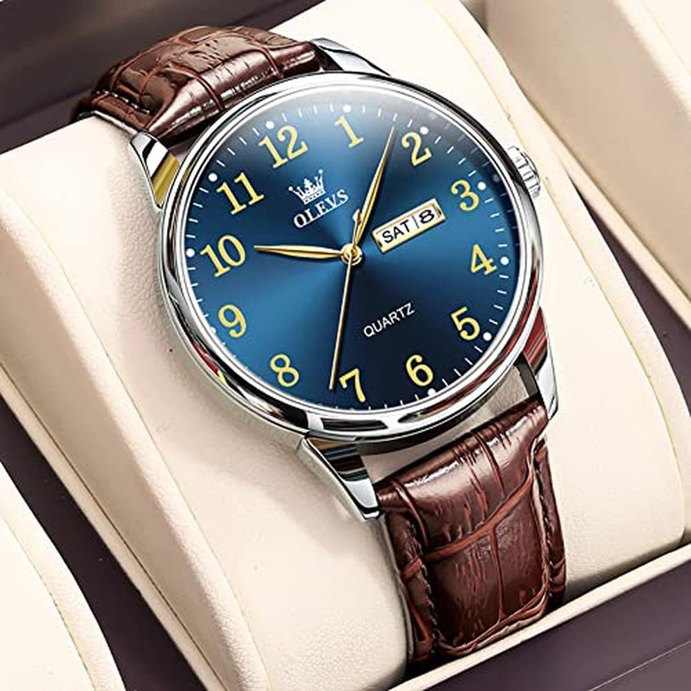 Leather Mens Watches: OLEVS Brown Leather Band Blue Face – Side View