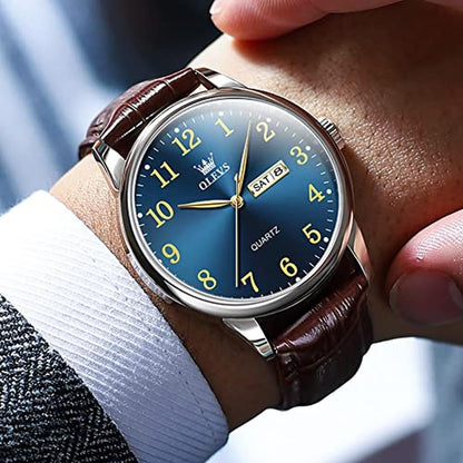 Leather Mens Watches: OLEVS Brown Leather Band Blue Face – Close-up Detail