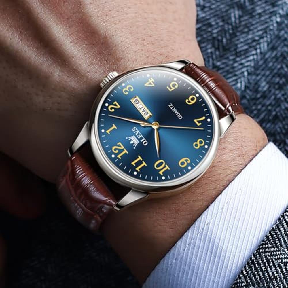 Leather Mens Watches: OLEVS Brown Leather Band Blue Face – In Use