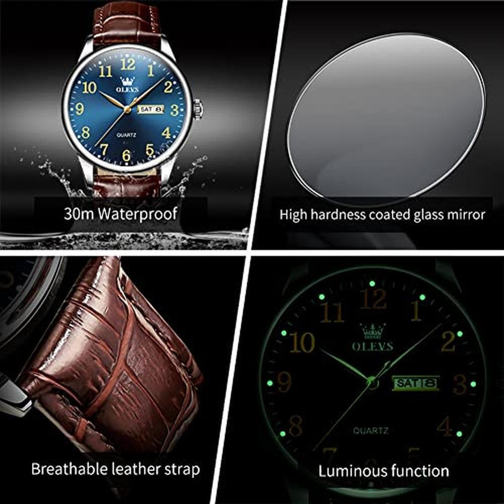 Leather Mens Watches: OLEVS Brown Leather Band Blue Face – Packaging