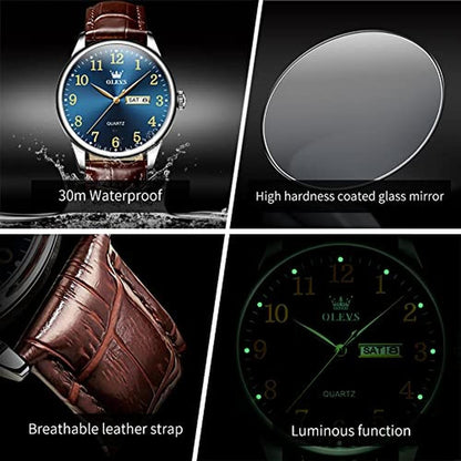 Leather Mens Watches: OLEVS Brown Leather Band Blue Face – Packaging