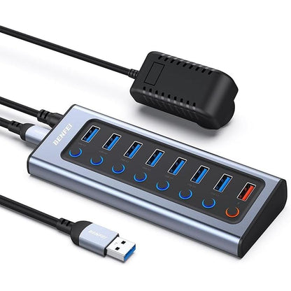 BENFEI 8-Port USB Hub with Power Adapter – Front View