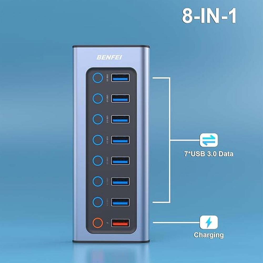 BENFEI 8-Port USB Hub with Power Adapter – Side View