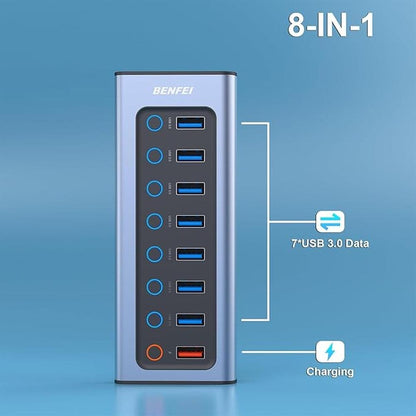 BENFEI 8-Port USB Hub with Power Adapter – Side View