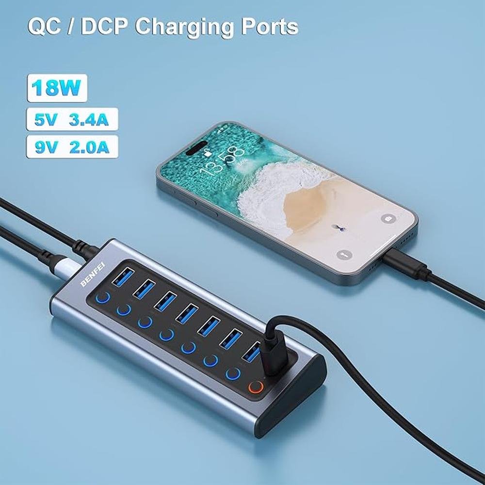 BENFEI 8-Port USB Hub with Power Adapter – In Use
