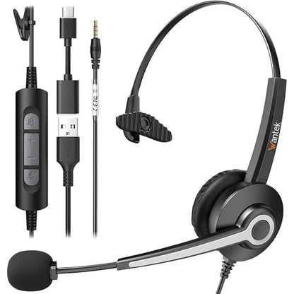 USB-A/USB C/3.5mm Jack 3-in-1 PC Headset – Front View
