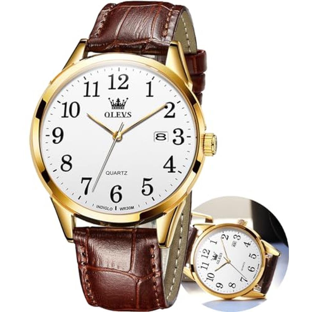 Watches Olevs: Olevs Mens Watch White Dial Brown Leather – Front View