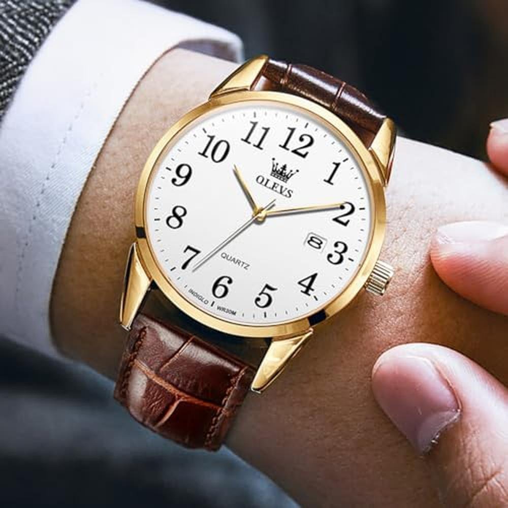 Watches Olevs: Olevs Mens Watch White Dial Brown Leather – Side View