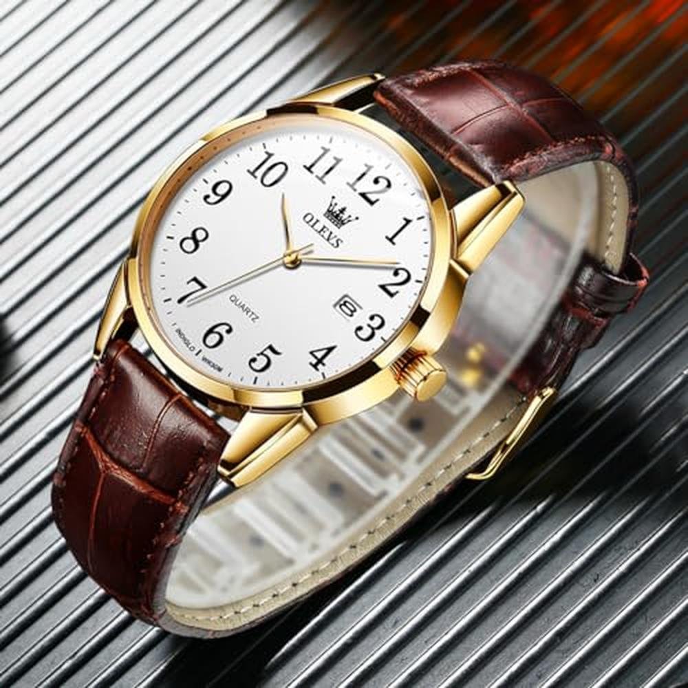 Watches Olevs: Olevs Mens Watch White Dial Brown Leather – Close-up Detail
