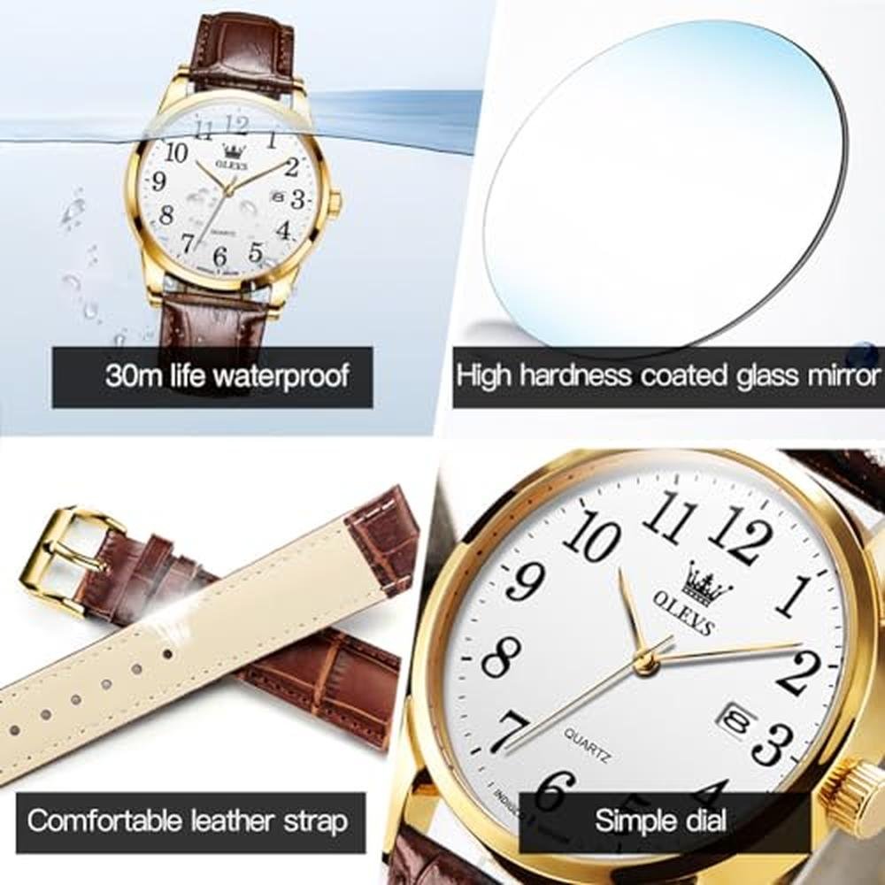 Watches Olevs: Olevs Mens Watch White Dial Brown Leather – Packaging