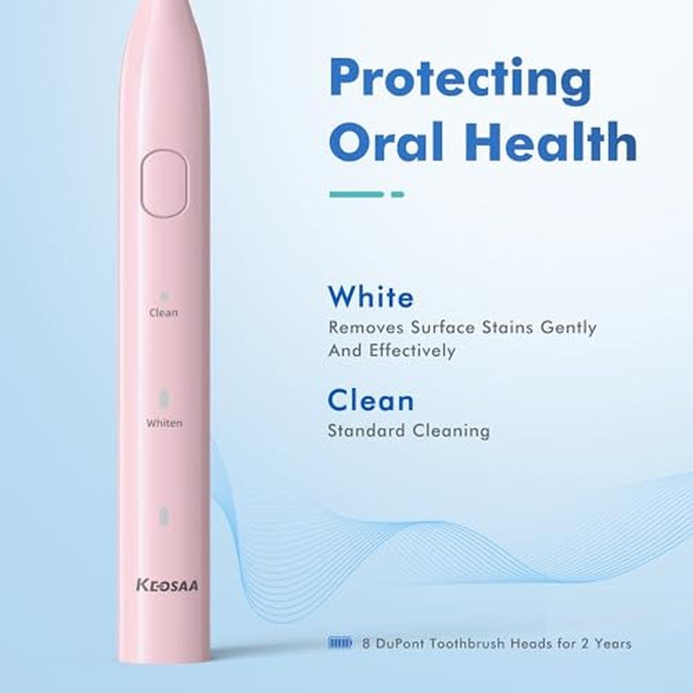 Pink Toothbrush: Keosaa Electric Toothbrush with 8 Brush – Side View