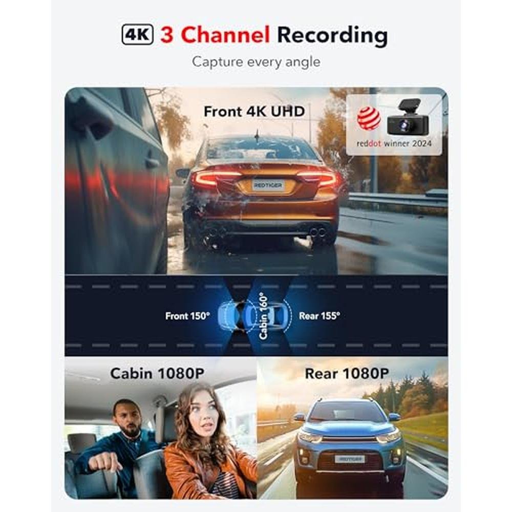 1080p Redtiger: REDTIGER F17 4K 3 Channel Dash Cam – Side View