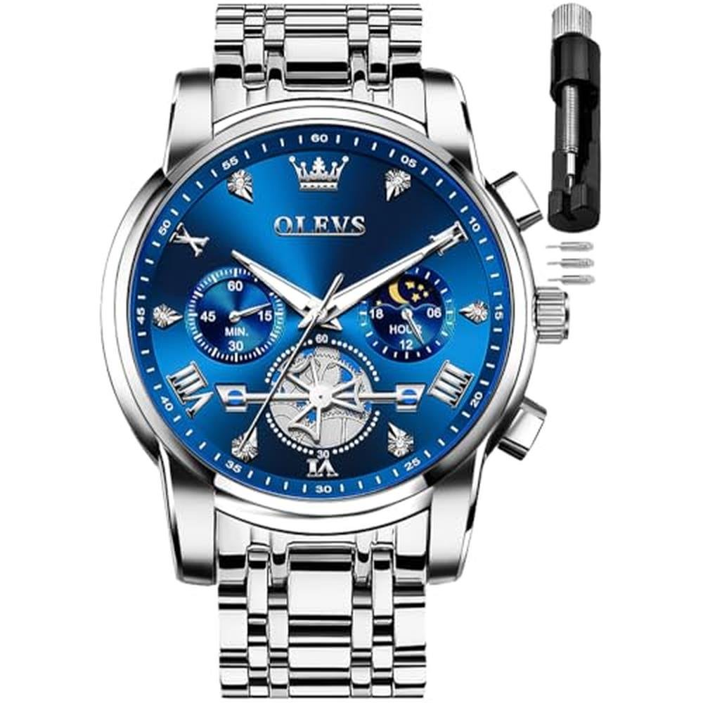 Watch OLEVS: OLEVS Blue Watch for Men Diamond Business – Front View