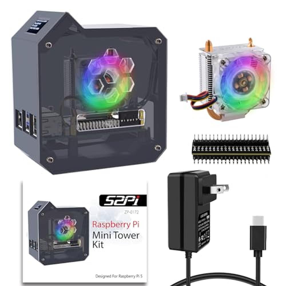 Tower Raspberry Pi 5: GeeekPi Mini Tower Kit with 27W Power – Front View