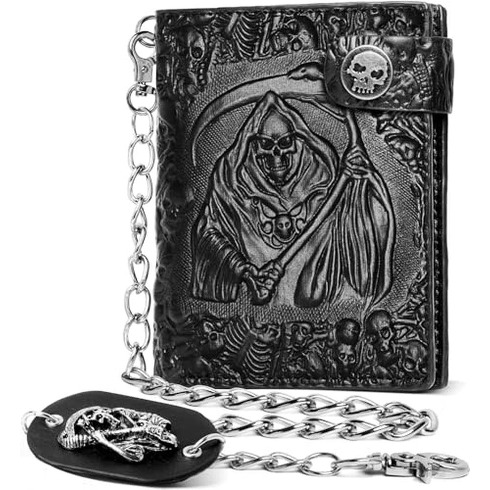 ZEKEE Skull Gothic Chain Wallet Leather – Front View