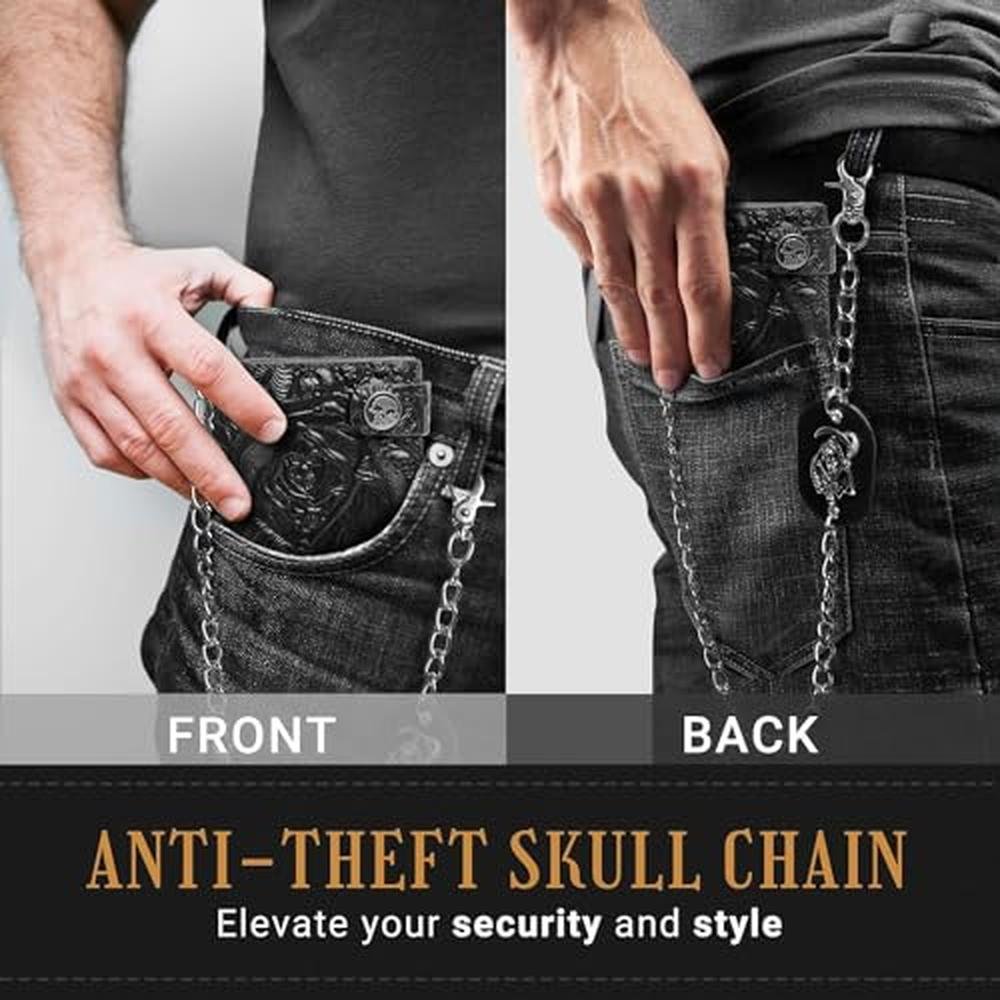 ZEKEE Skull Gothic Chain Wallet Leather – Close-up Detail