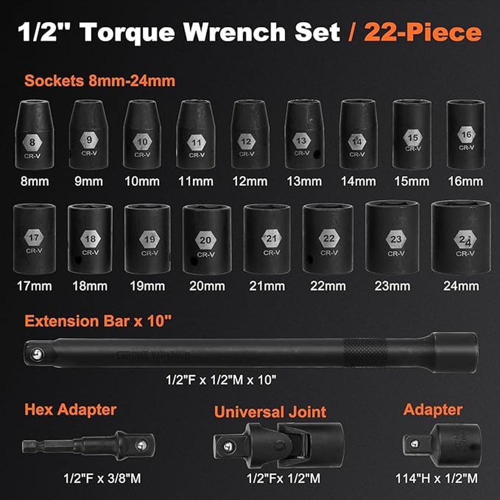 Torque Wrench: 1-2 Inch Drive Torque Wrench Set 22pcs – Side View