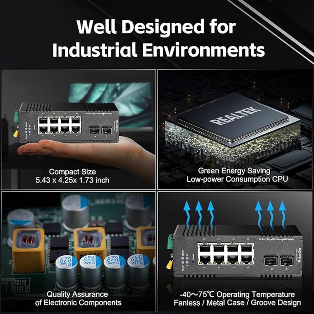 MokerLink 8 Port Gigabit Industrial DIN-Rail Ethernet – Side View