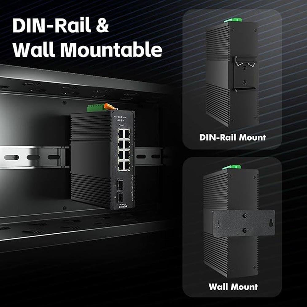 MokerLink 8 Port Gigabit Industrial DIN-Rail Ethernet – Close-up Detail