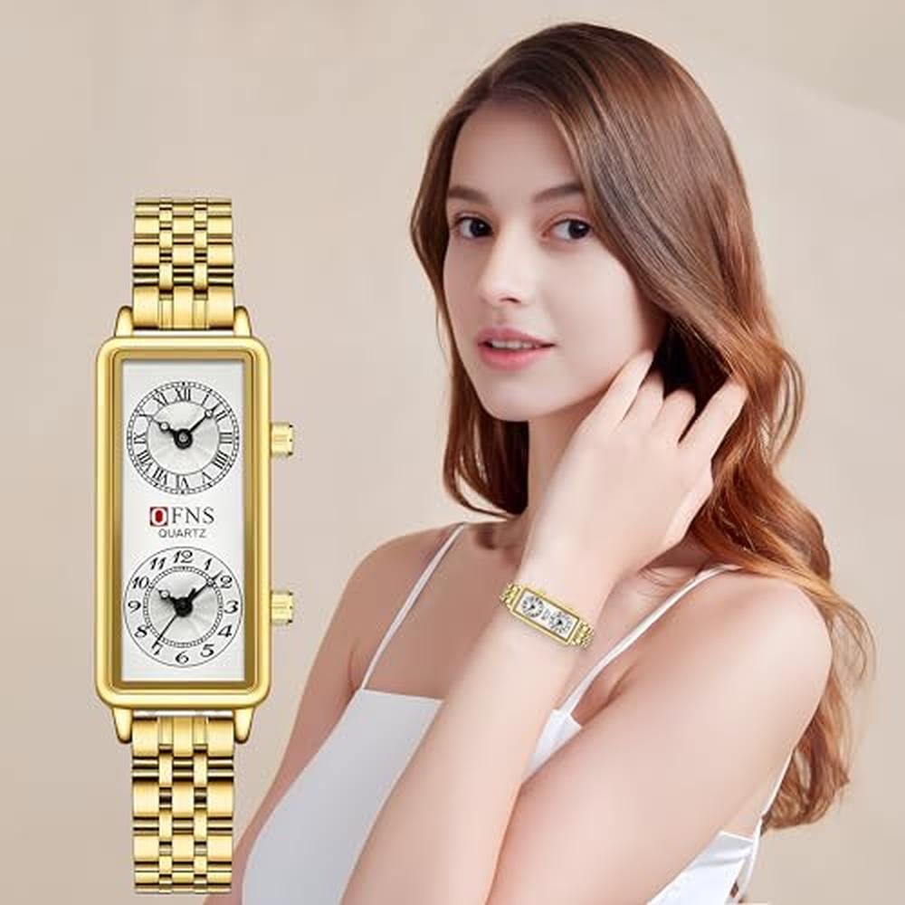 Fashionable Women: Quartz Watch Rectangular Dial with Dual – Close-up Detail