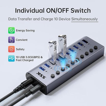 SSK 10 Port Powered USB 3.0 Hub – Side View
