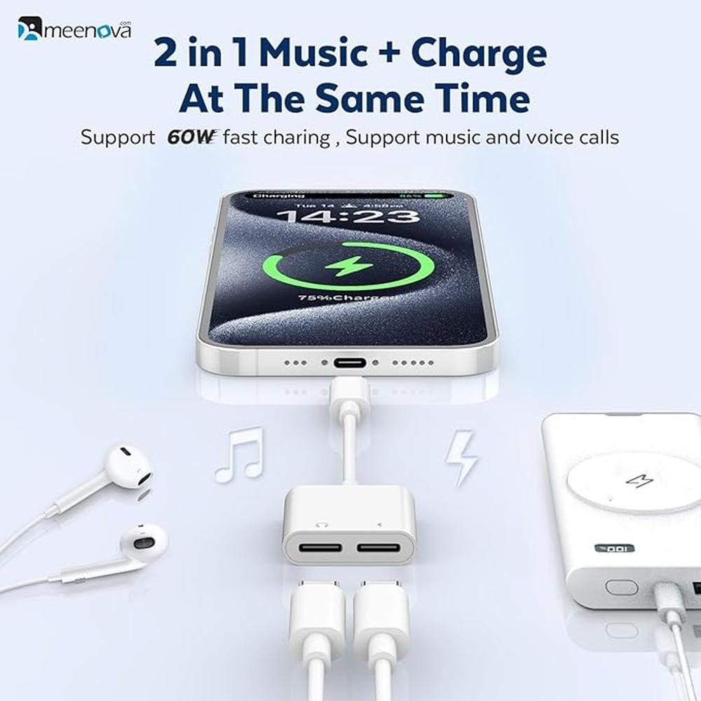 USB C Splitter 1 in 2 Out for iPhone 16 Headphone Adapter – Close-up Detail