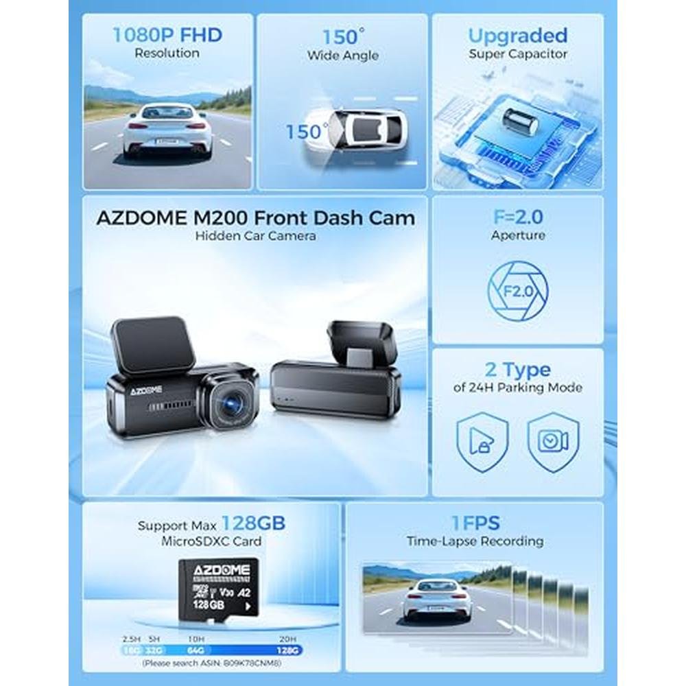 Azdome Dash Cam: Azdome M200 Mini WiFi Dashcam 1080P Front – Side View