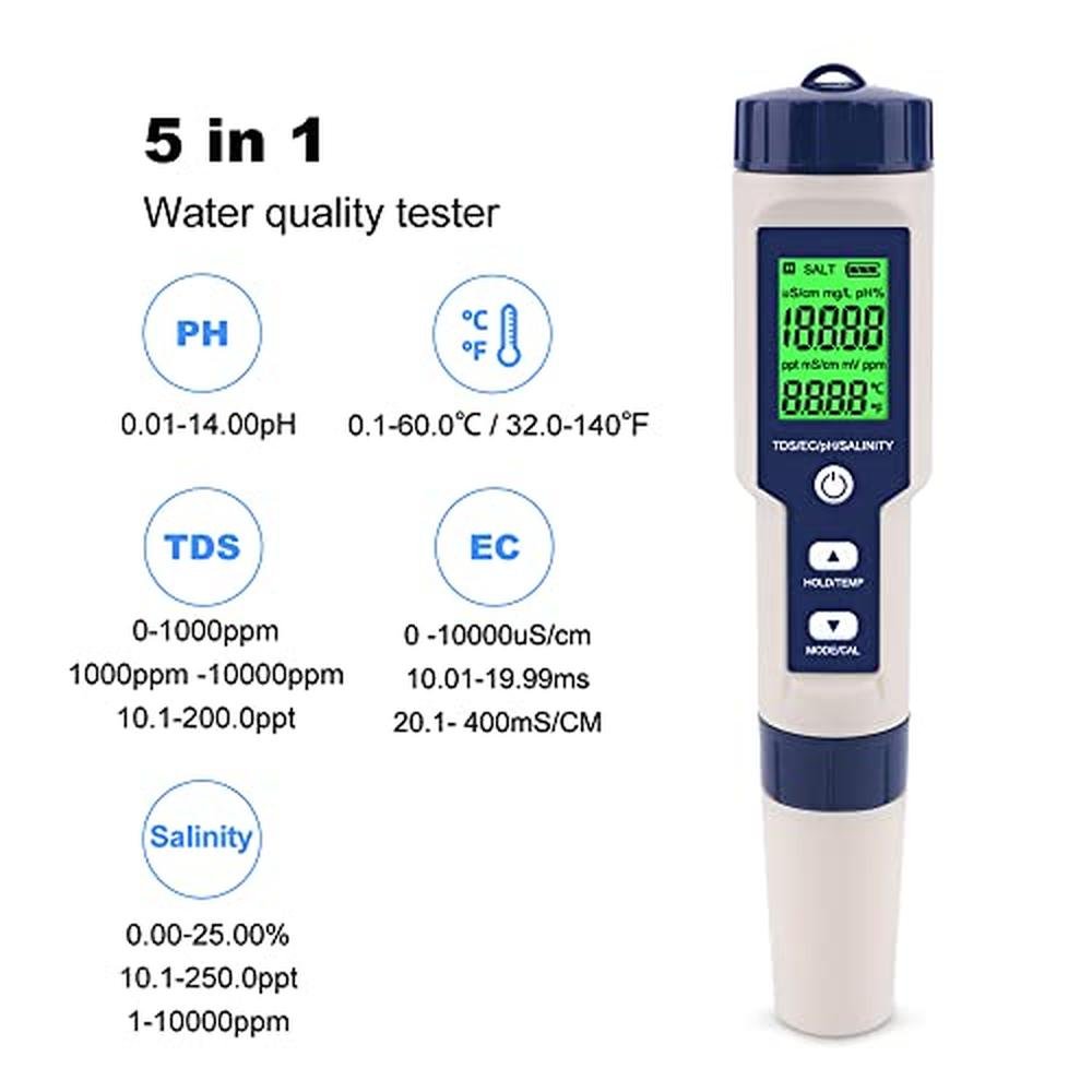 Premium 5-in-1 Digital Water Tester for Accurate pH – Side View