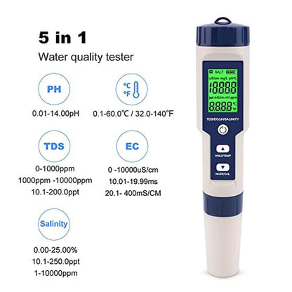 Premium 5-in-1 Digital Water Tester for Accurate pH – Side View