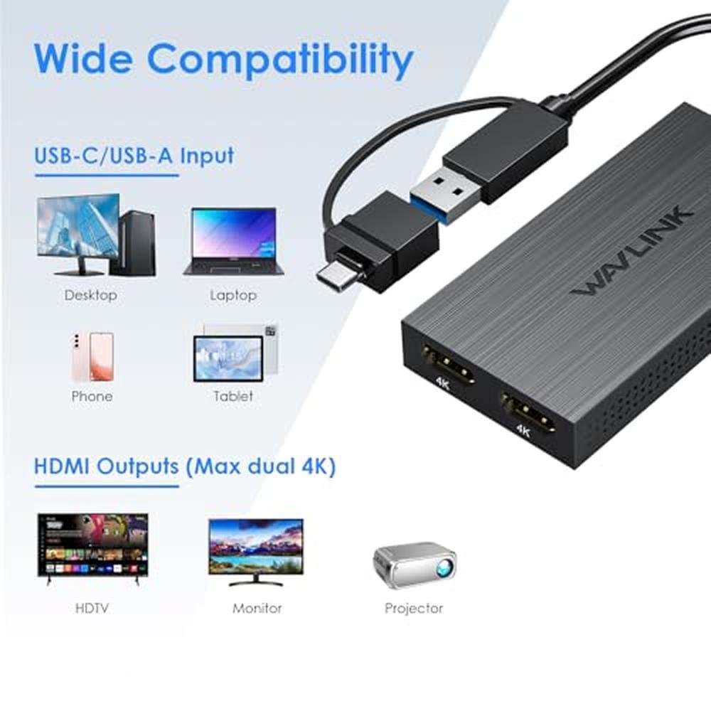 Dual Wavlink: Wavlink USB 3.0 or USB-C to Dual HDMI Splitter – In Use