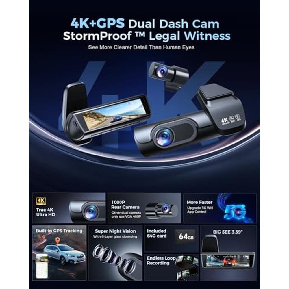 OVAMAN K600 4K Dash Cam: Front and Rear Camera with GPS – Side View