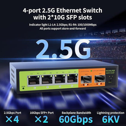 6 Port 2.5Gb Network Switch: 4x2.5G RJ45 – Side View
