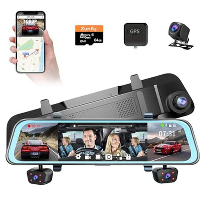 Mirror Dash Cam: Zunfly 4 Channel Front and Rear – Front View