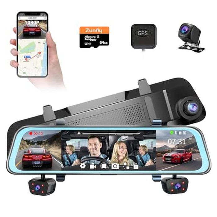 Mirror Dash Cam: Zunfly 4 Channel Front and Rear – Front View