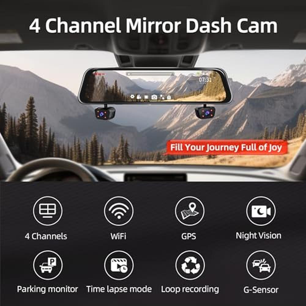 Mirror Dash Cam: Zunfly 4 Channel Front and Rear – Side View
